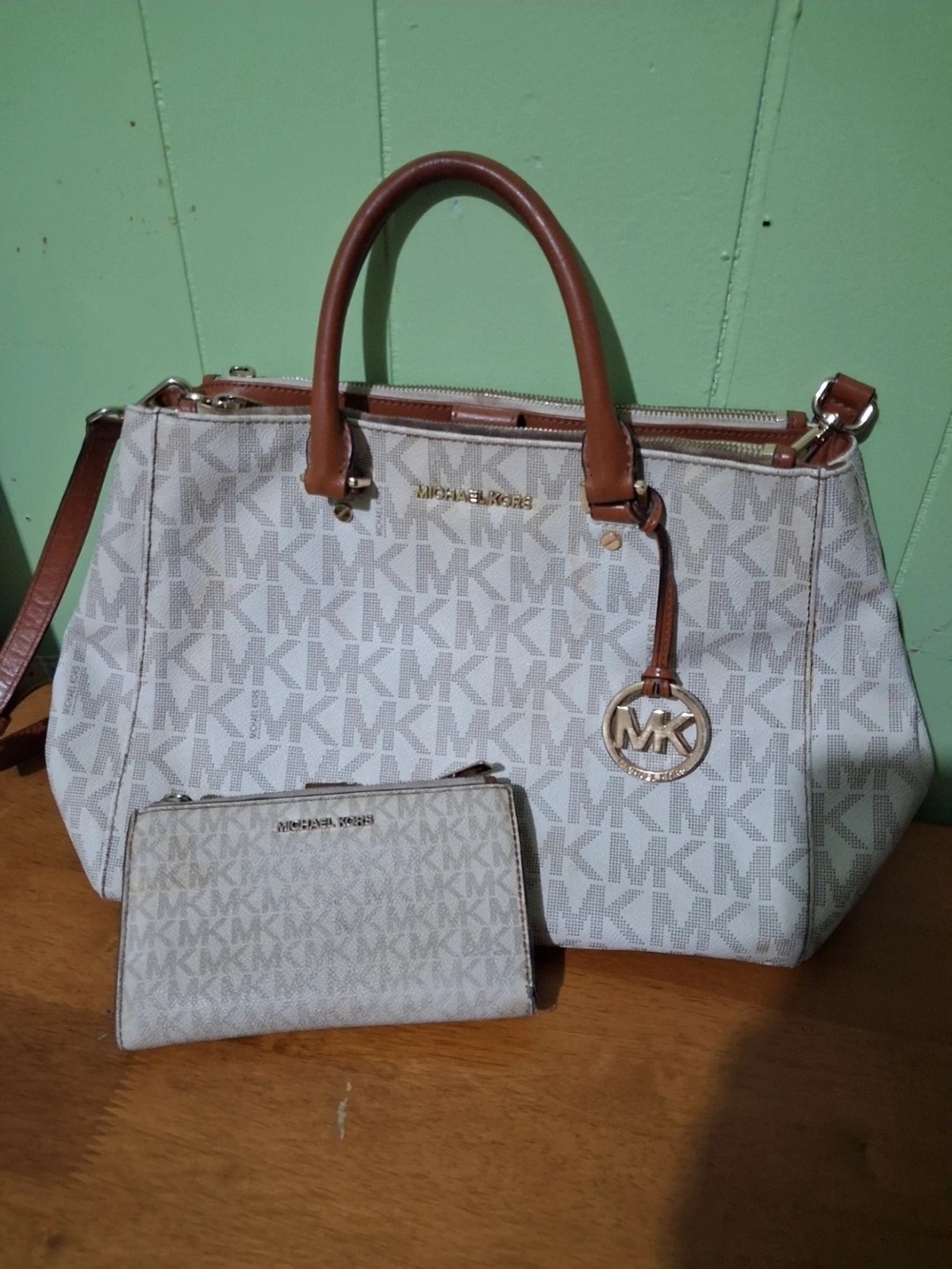 Michael Kors White Logo Satchel with Tan Trim